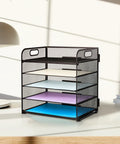 Black 5 tray letter paper organizer with handle, mesh desk file sorter for office, home, or school, hassle free install