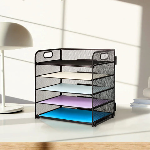 Black 5 tray letter paper organizer with handle, mesh desk file sorter for office, home, or school, hassle free install