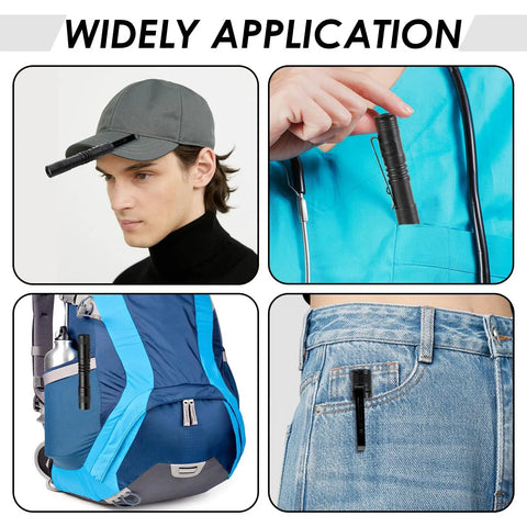 Ultra Bright 500 Lumen Pocket Pen Light With Clip, AAA Powered Mini Flashlight in various applications: cap, pocket, backpack, jeans