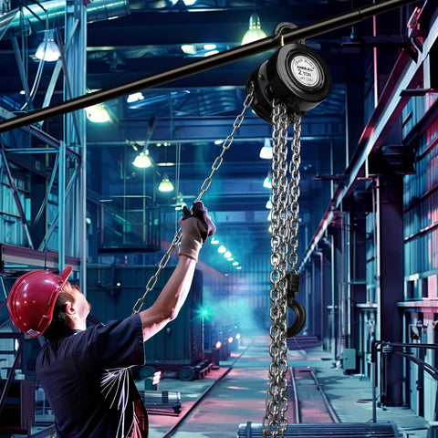 Worker using 2 Ton Hand Chain Hoist With 4400 Lbs Capacity 10 Foot Lift Manual Chain Block in industrial warehouse setting