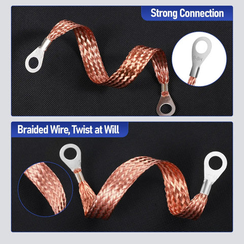 Braided copper grounding wire with ring terminals from 18 Piece Ground Strap Kit For Cars With 10 15 And 20 Inch Cables.