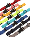 Adjustable Chest Strap For Backpacks With Quick Release Buckle, Durable Nylon Fastener, multiple colors shown, perspective view.