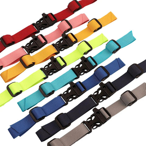 Adjustable Chest Strap For Backpacks With Quick Release Buckle, Durable Nylon Fastener, multiple colors shown, perspective view.