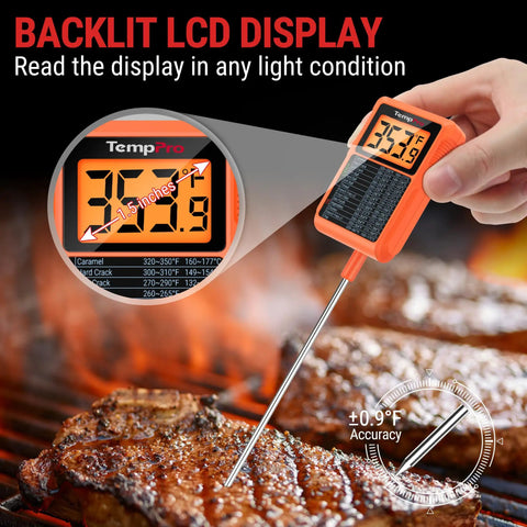 Waterproof Digital Candy Thermometer With 10 Inch Probe And Pot Clip Instant Read Meat Thermometer in use on grilled meat