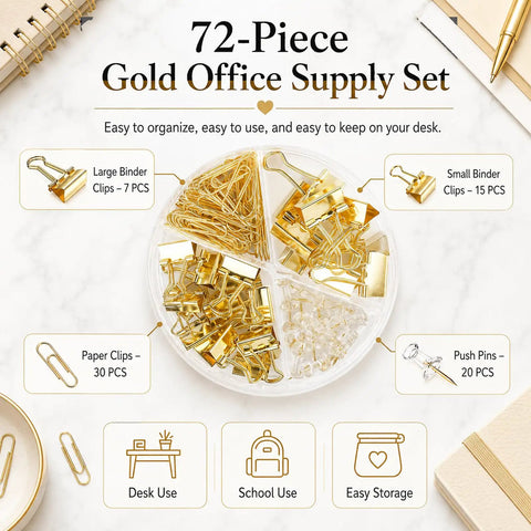 Gold Paper Binder And Clip Set With Push Pins, Metal Assorted Sized Binders, Paper Clips, And Holder displayed on a desk
