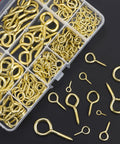 Brass Plated Steel Eye Bolts And Screw Eyes Assortment Kit 240 Pieces 12 Sizes with organized storage box on black surface