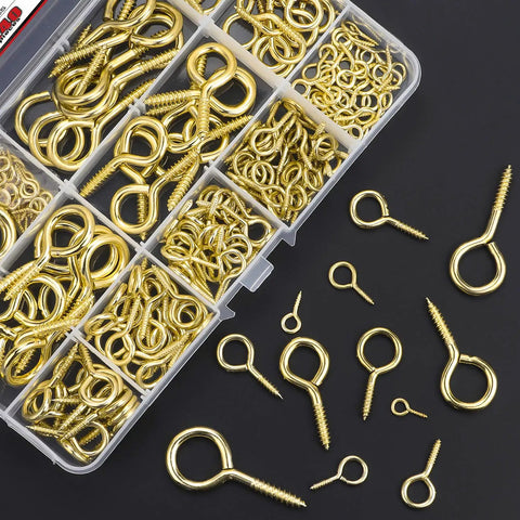 Brass Plated Steel Eye Bolts And Screw Eyes Assortment Kit 240 Pieces 12 Sizes with organized storage box on black surface