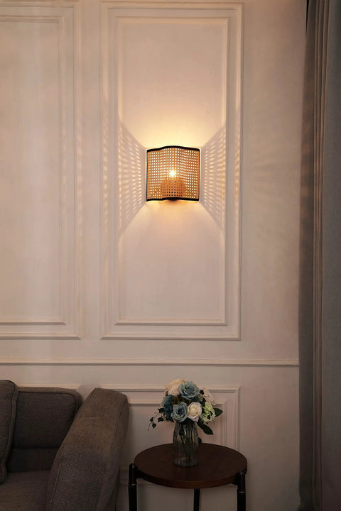 Mid Century Bohemian Wall Sconce Lamp with Rattan Shade and Velvet Rim, cozy ambient lighting for bedroom, beige color