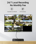 8 Channel Wired Security Camera System With 4 Indoor And Outdoor 1080P Cameras, DVR showing multiple surveillance feeds on a screen.
