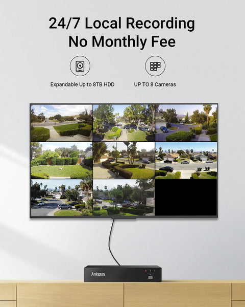 8 Channel Wired Security Camera System With 4 Indoor And Outdoor 1080P Cameras, DVR showing multiple surveillance feeds on a screen.
