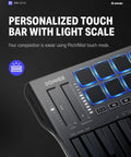 Close-up of Compact USB C MIDI Keyboard Controller with 25 Keys and 8 Drum Pads showcasing OLED display and touch bar.