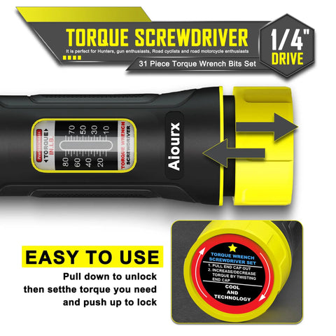 Close-up of Torque Screwdriver Set With 31-Piece S2 Steel Bits, 10-80 Inch-Pounds Torque Range, 1/4 Inch Drive showing handle details.