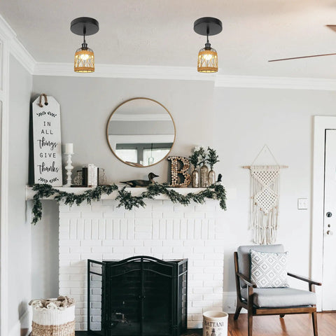 Kiven Instant Light Conversion Kit for 4/5/6inch Hole, 2-Light Glass Farmhouse Lighting above a cozy living room fireplace.