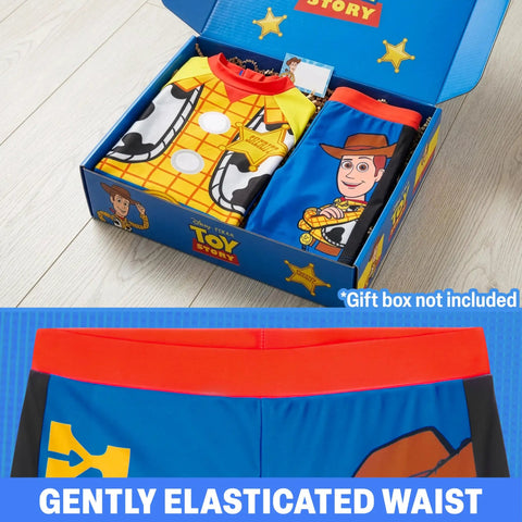 Two Piece Toy Story Boys Rash Guard And Swim Trunks Set With Woody And Buzz Lightyear Graphics Back Zip Rash Vest And Quick Dry Swim Shorts For Ages 3 To 7 The Cool Poolside Beach Day Outfit Loved By Little Fans in box