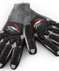 Lobster Diving Gloves With Kevlar Puncture Protection For Spearfishing And Ocean Adventures, True Cut Resistant Gear With Rubber Armored Knuckle Guard, Durable Padded Palm, Large Size. Gray and black gloves with rubber protection, logo visible