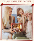 Family enjoying Vintage French Dessert Shop Miniature Dollhouse Kit With LED Light One 18 Scale Wooden Diorama Model For Adults