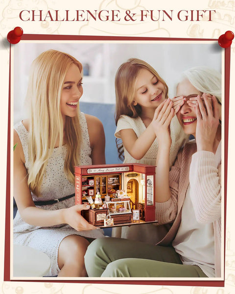 Family enjoying Vintage French Dessert Shop Miniature Dollhouse Kit With LED Light One 18 Scale Wooden Diorama Model For Adults