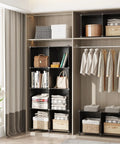 Room with Boss 16 Cube Storage Organizer System for Closet and Bedroom, black shelving units with clothes and baskets