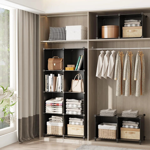 Room with Boss 16 Cube Storage Organizer System for Closet and Bedroom, black shelving units with clothes and baskets