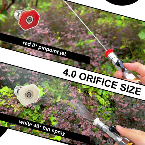 Garden Hose Shut Off Valve To Pressure Washer Adapter Three Quarter Inch GHT To One Quarter Inch Quick Connect Converts Water Hose Into Power Washer Nozzle Tips For Easy Car Washing And Driveway Cleaning, showing red 0° jet and white 40° spray nozzles.