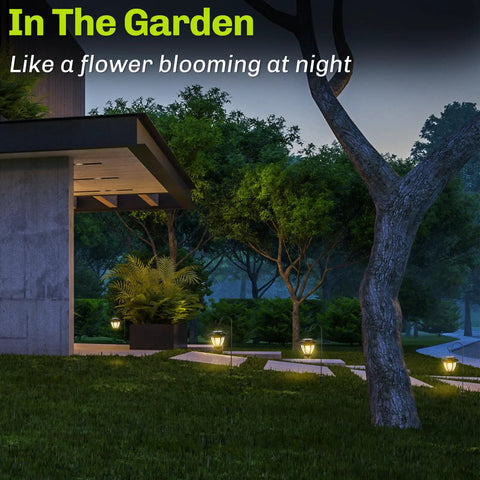 Two Pack Solar Pathway Lights With Shepherd Hooks Outdoor Lanterns in garden at night providing 3000K warm white glow.