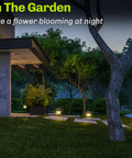 4 Pack Solar Pathway Lights With Shepherd Hook Hangers illuminating garden at night