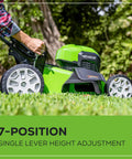 40V Cordless 21 Inch Brushless Lawn Mower With Self Propelled Smart Pace showing side view with lever height adjustment.