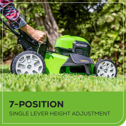 40V Cordless 21 Inch Brushless Lawn Mower With Self Propelled Smart Pace showing side view with lever height adjustment.