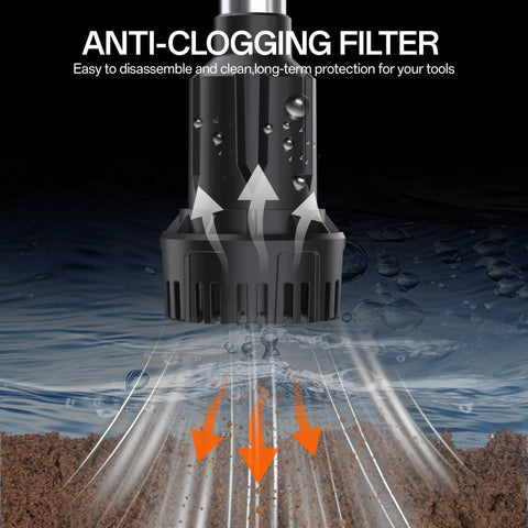 Cordless Water Transfer Pump With 20V Max Battery showing anti-clogging filter feature in action under water
