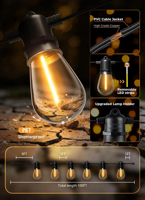 100 Feet Solar String Lights Outdoor Waterproof With Remote Timable Type C Port 31 Plus 2 LED S14 shatterproof bulbs lit