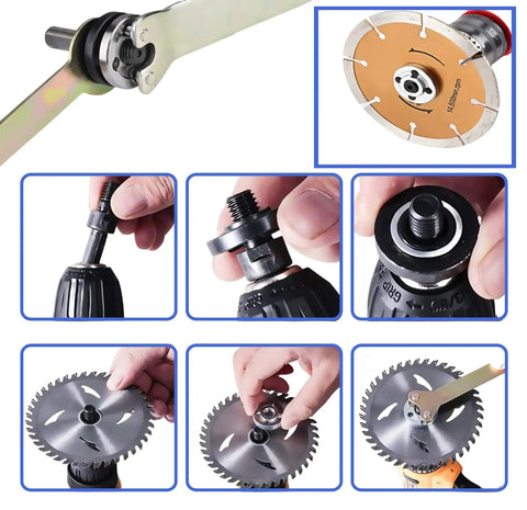 Drill To Grinder Adapter Kit With Flange Nut Set Converts Your Drill Into A Handy Mini Grinder Includes 10mm Arbor Mandrel Adaptor And Spanner Wrench Included showing setup process on drill.