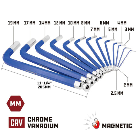 Metric Jumbo Long Point Magnetic Hex Key Wrench Set With Ball End Built Tough For Maximum Reach And Easy Grips 13 Piece 2mm To 19mm Allen Wrenches For Tight Spaces And Heavy Duty Projects