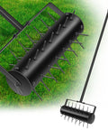 Manual 18 Inch Lawn Aerator Tool With 55 Inch Stainless Steel Handle on grass, side view of spiked roller.