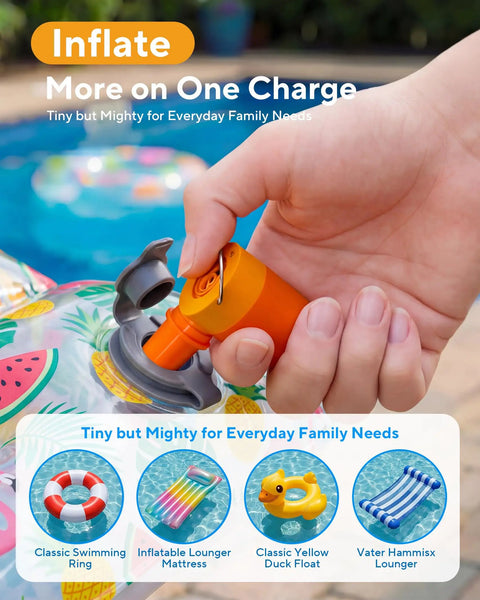 Hand using Ultra Mini Portable Air Pump For Pool Floats And Air Mattress Wireless Inflator And Deflator by a pool.