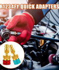 Mechanic using R1234YF To R134A Quick Coupler Kit With Blue Low Side And Red High Side Adapters for car A/C recharge
