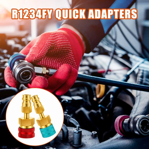 Mechanic using R1234YF To R134A Quick Coupler Kit With Blue Low Side And Red High Side Adapters for car A/C recharge