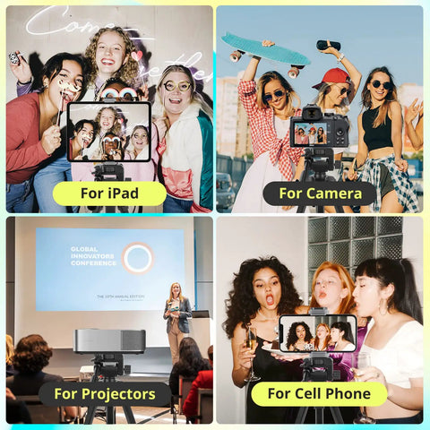 64 Inch Phone And Tablet Tripod Stand With Wireless Remote And 2 In 1 Phone Holder For Selfie Shots Vids Streams And Vlogs, Adjustable iPad Holder in use for different devices like iPads, cameras, projectors, and cell phones.
