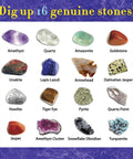 Gem Stone Dig Kit With 16 Real Gems And Crystals Including Quartz Point And Amethyst STEM Education For Kids Fun Rock Mining Science Activity Gift Set For Girls And Boys showing various gems