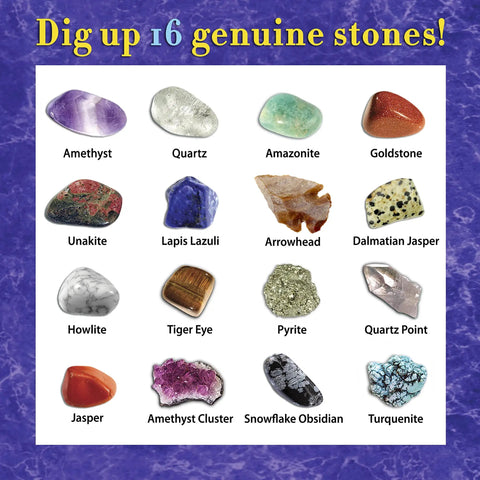 Gem Stone Dig Kit With 16 Real Gems And Crystals Including Quartz Point And Amethyst STEM Education For Kids Fun Rock Mining Science Activity Gift Set For Girls And Boys showing various gems