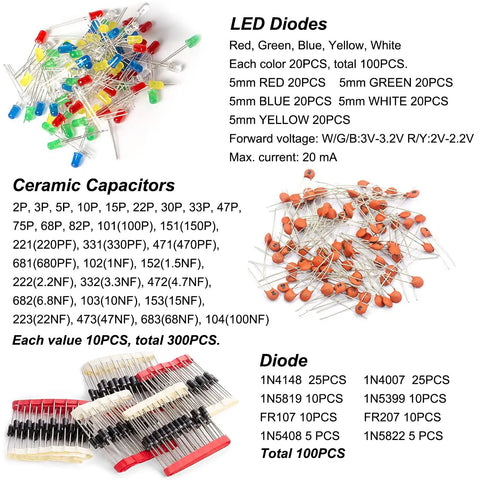 Massive 1400Pcs Electronics Component Assortment Kit with LEDs, capacitors, and diodes for DIY projects and prototyping.