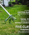 Stand-Up Weeding Tool With 34 Inch Long Handle And Five Claws shown pulling a weed from the lawn, comfort foam grip visible