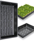 Upgraded 10 Pack Plant Growing Trays For Seed Starting And Microgreens No Holes No Leakage Durable Reusable Plastic Germination Starter Flats Seedling Tray Set For Transplants And Fodder For Indoor Garden, showing stack of black trays and microgreens