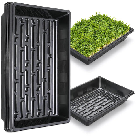 Upgraded 10 Pack Plant Growing Trays For Seed Starting And Microgreens No Holes No Leakage Durable Reusable Plastic Germination Starter Flats Seedling Tray Set For Transplants And Fodder For Indoor Garden, showing stack of black trays and microgreens