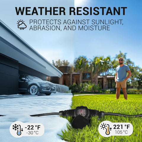 Super Versatile Heavy Duty 25 Ft Extension Cord Featuring 6 Multiple Outlets 16 Gauge 15 Amp 3 Prong Outdoor Indoor Power Cable Ideal For Christmas Lights Yard Decorations Camping Workshops And More In Black shown in a yard for weather resistance