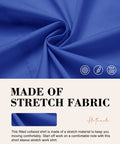 Womens Stretch Button Up Shirt With Three Quarter Sleeves In Classic Blue Solid fabric close-up showing stretch material for comfort.