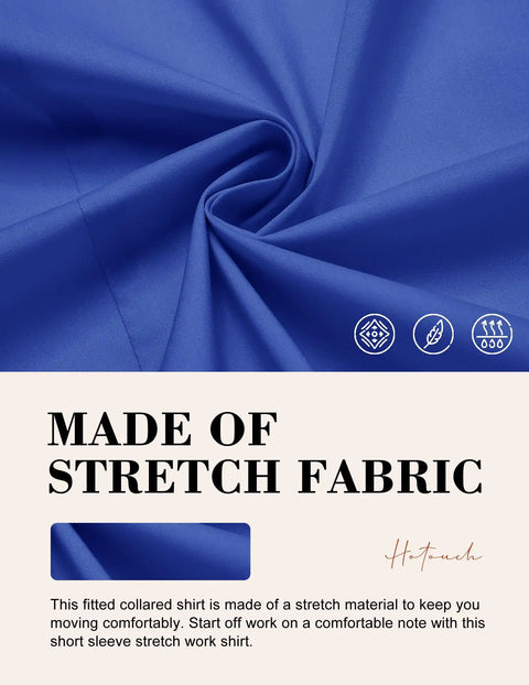 Womens Stretch Button Up Shirt With Three Quarter Sleeves In Classic Blue Solid fabric close-up showing stretch material for comfort.