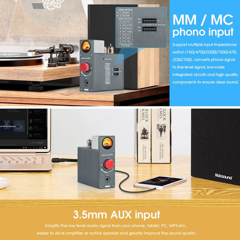 Dope Tube Phono Preamp T4 Plus For MM And MC Turntables, Warm Analog Vacuum Tube Sound, Preamplifier With Headphone Amp, Aux Input, VU Meter, Retro HiFi Vibe For Vinyl Lovers. gray tube preamp with MM/MC settings and AUX input