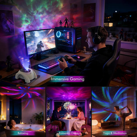 Star Projector 4 in 1 Aurora Night Light With Bluetooth Speaker, White Noise, in gaming, relaxation, and romantic settings
