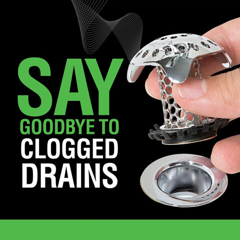 Hand holding Ultra Drain Protector For Bathroom Sink Stainless Steel Includes 1.25in, 1.5in, And 1in Adapters Keeps Hair Out Debris Stopped Quick Fit Epic Shield For Everyday Clogs No Fuss No Mess.