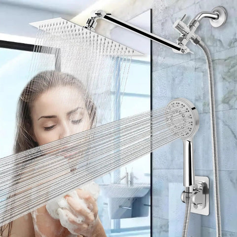 High Pressure Square Shower Head Kit With 11 Inch Extension Arm, 5 Settings Adjustable Handheld Spray, 1.5m Hose in use.